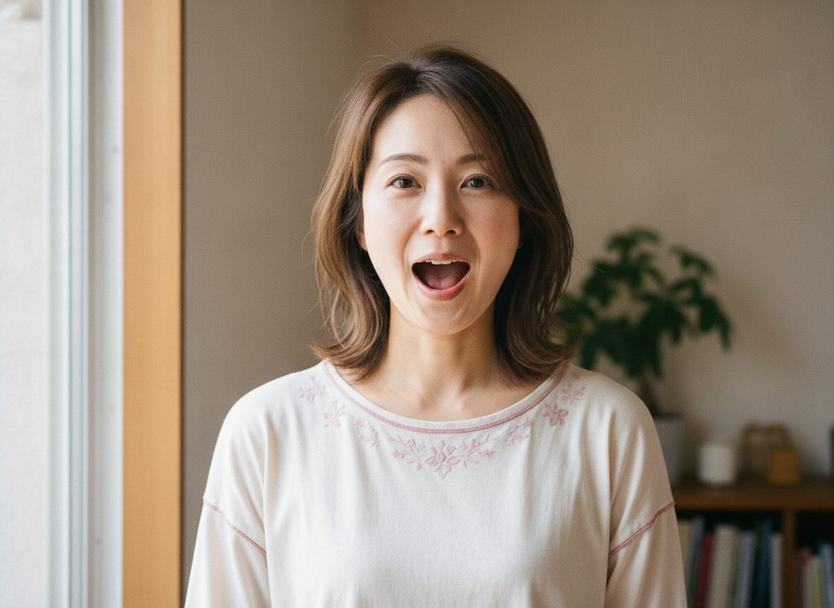 自分で表情筋トレーニングをしている女性の写真