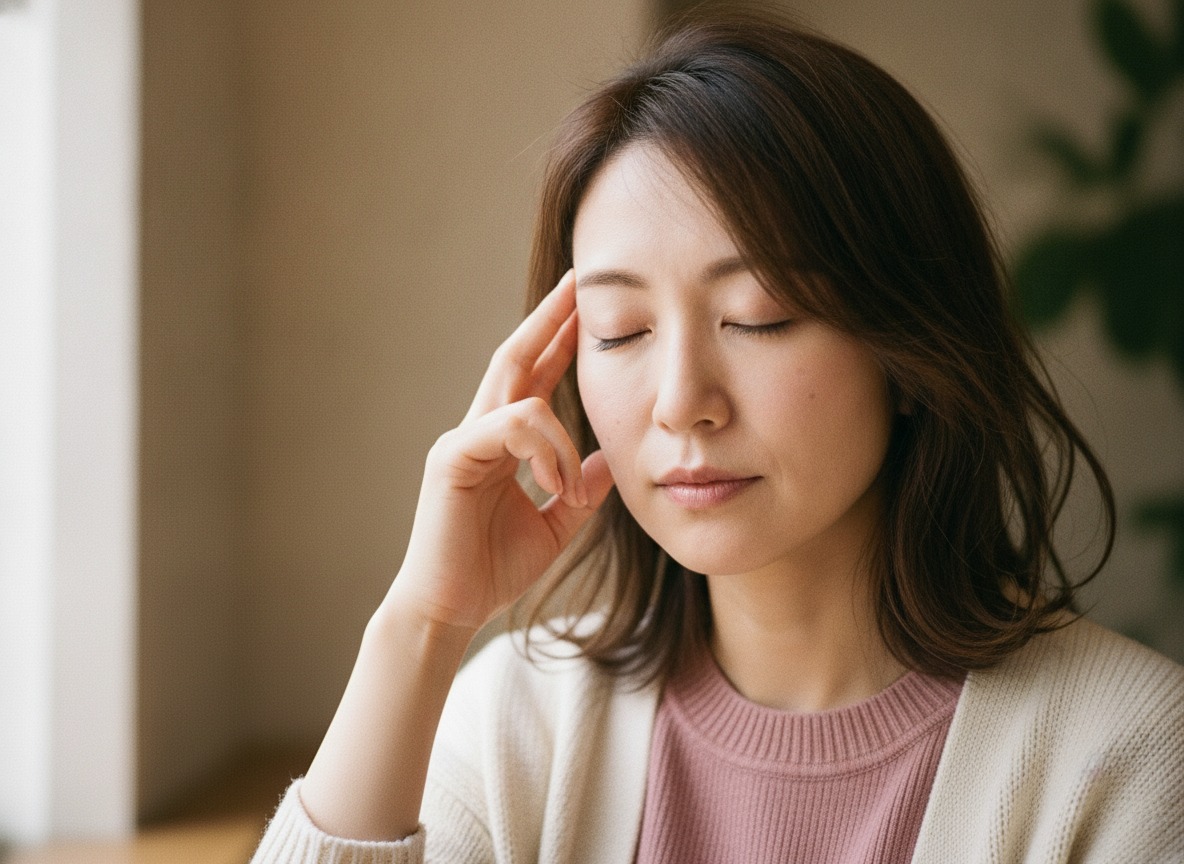 こめかみのツボを指で押している女性の写真