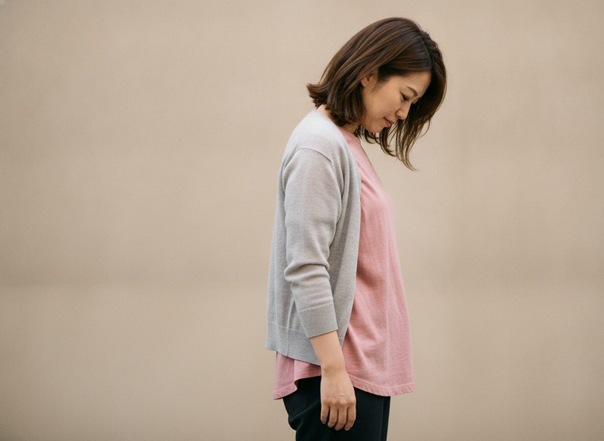 巻き肩姿勢で立っている女性の側面写真