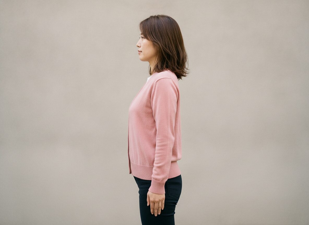 壁を使った姿勢セルフチェックをしている女性の写真