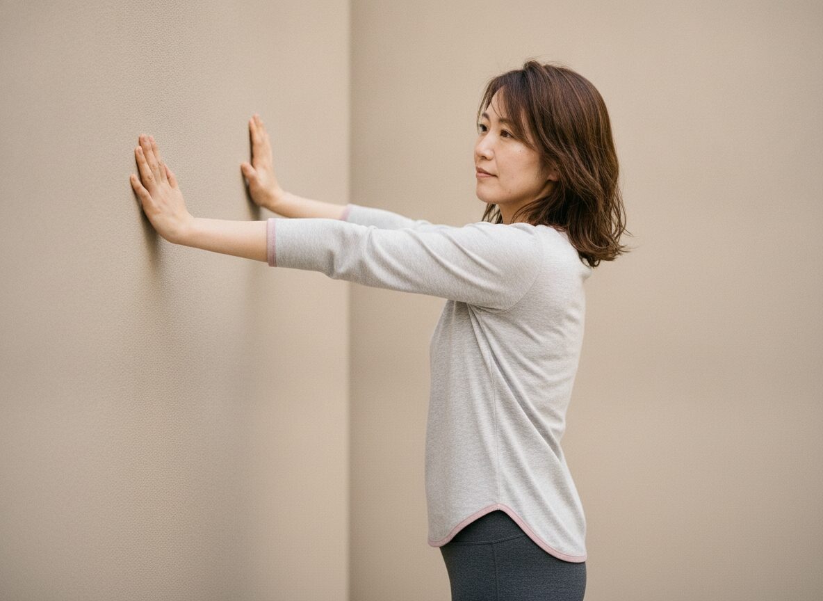 壁を使った胸のストレッチをしている女性の写真