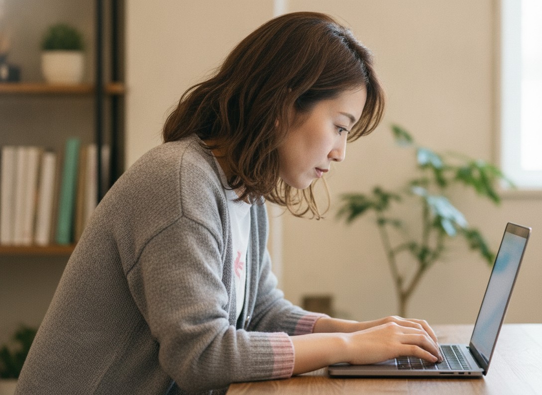 デスクワークで前かがみの姿勢になっている女性の写真