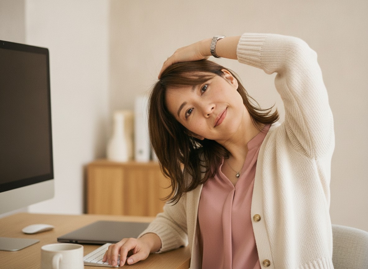 首や肩のストレッチをしている女性の写真