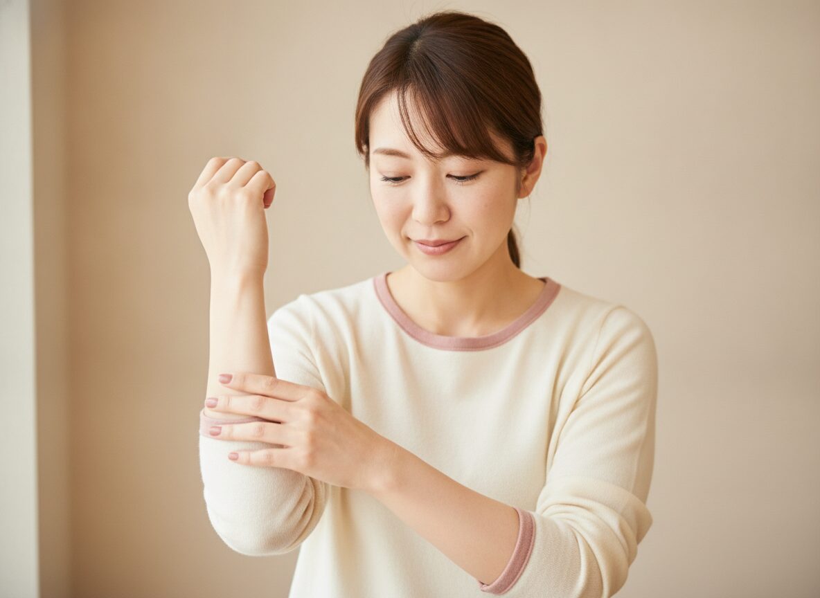 前腕を自分でほぐしている女性の写真