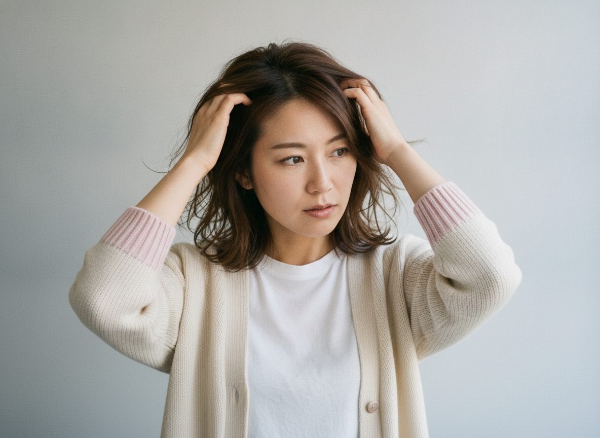 髪の分け目をセルフチェックしている女性の写真