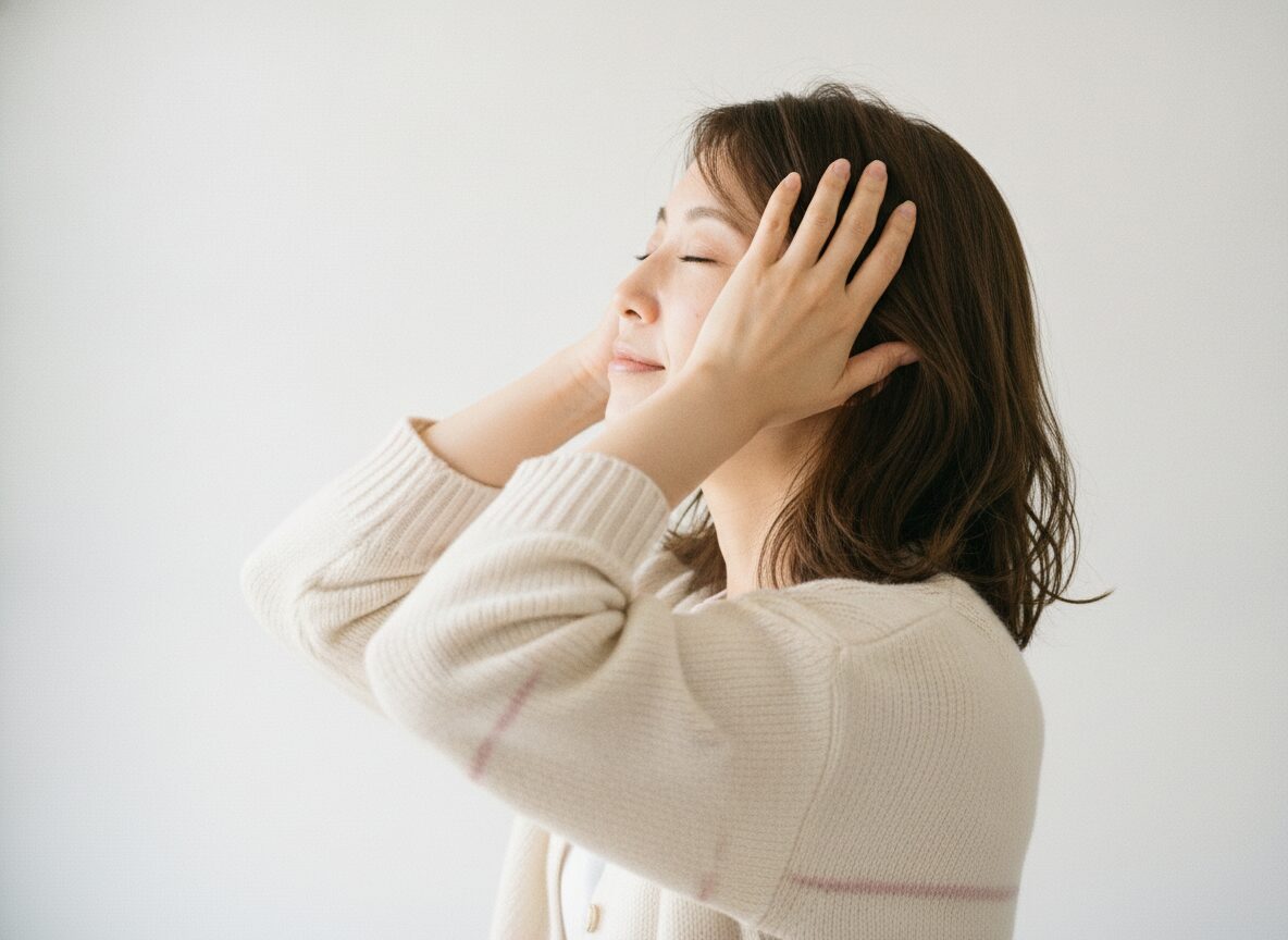 自分で頭皮マッサージをしている女性の写真