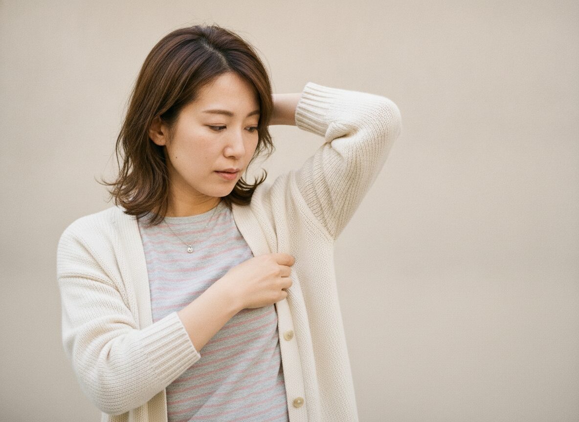 脇の下の硬さをセルフチェックしている女性の写真