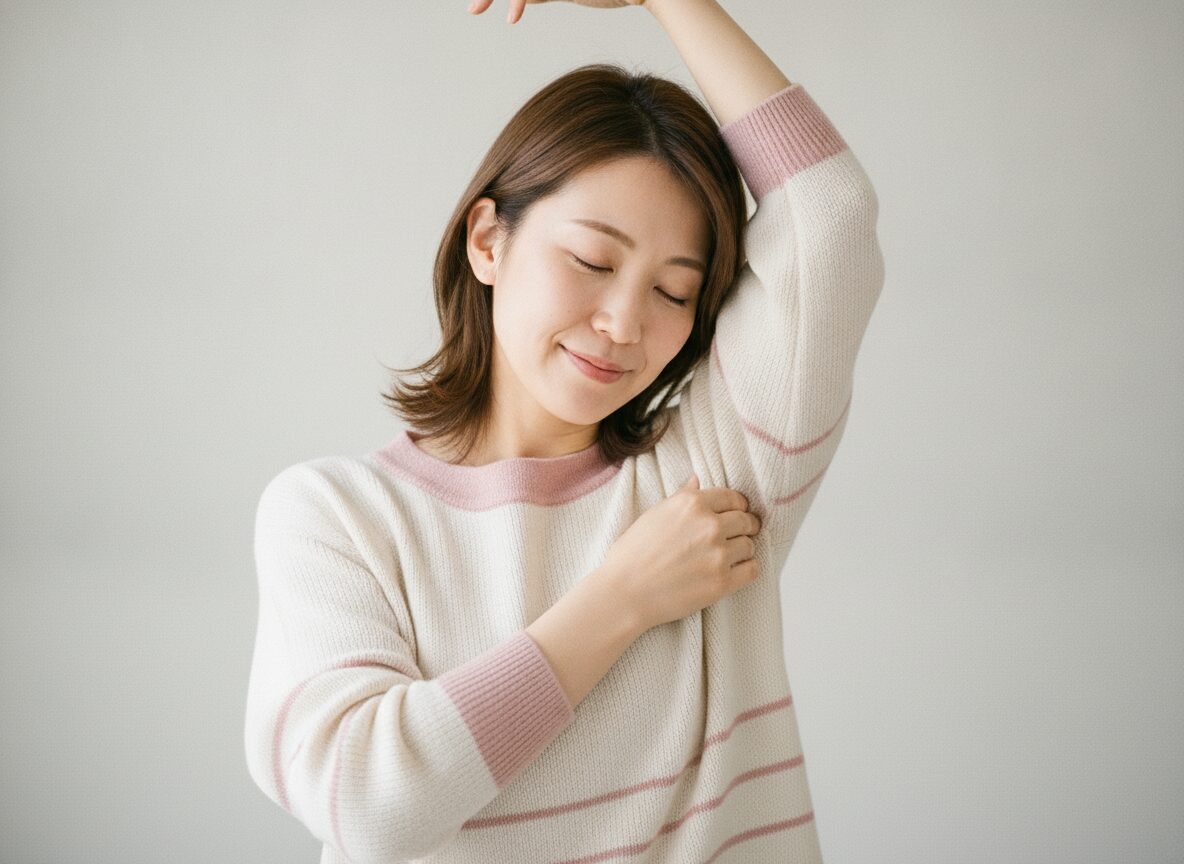 自分で脇の下をほぐしている女性の写真
