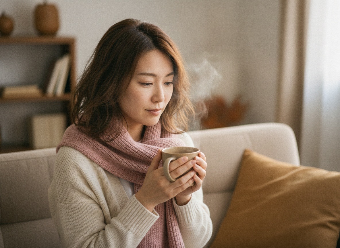 首にストールを巻き、温かい飲み物を両手で持ってくつろいでいる女性の写真