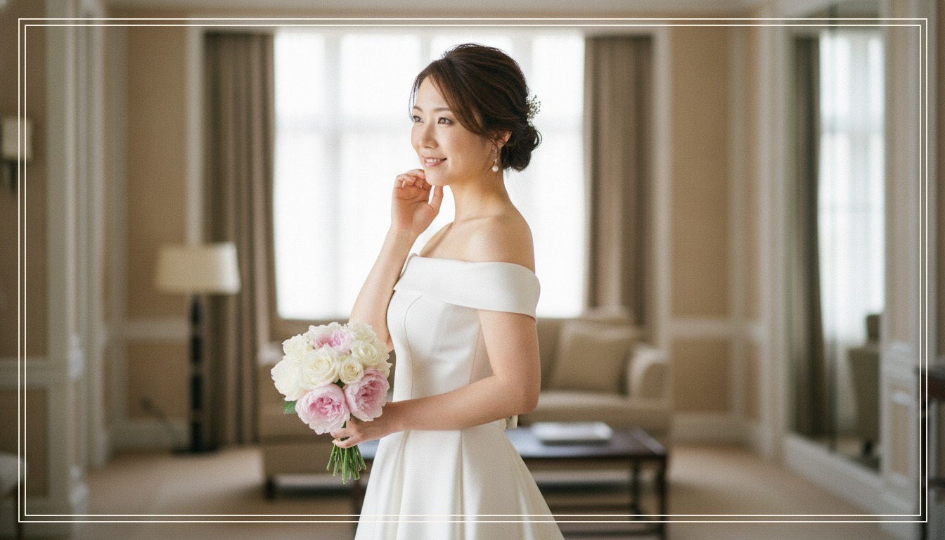 ウェディングドレス姿で微笑む花嫁の写真