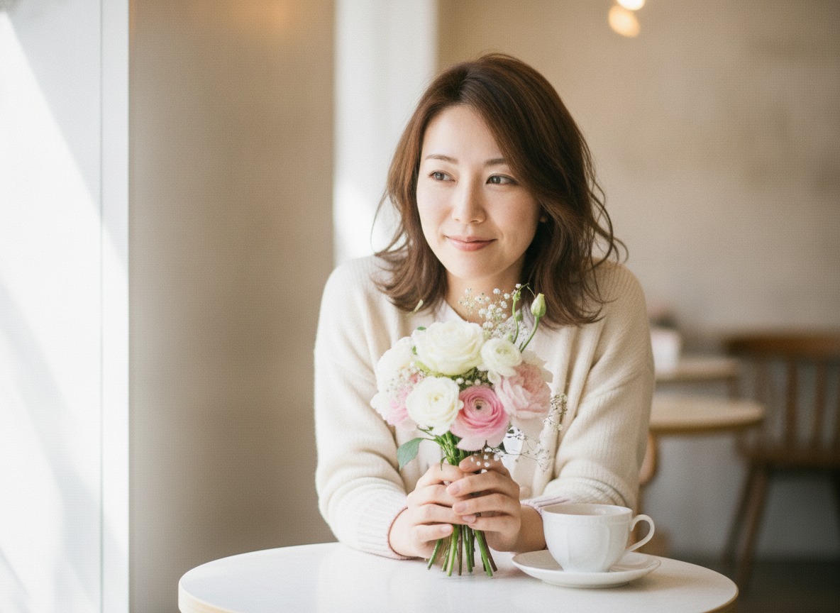 ブーケのそばでくつろぐ女性の写真