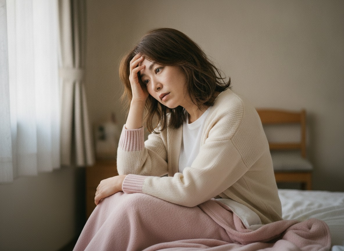 ベッドの端に座って疲れた様子の女性の写真