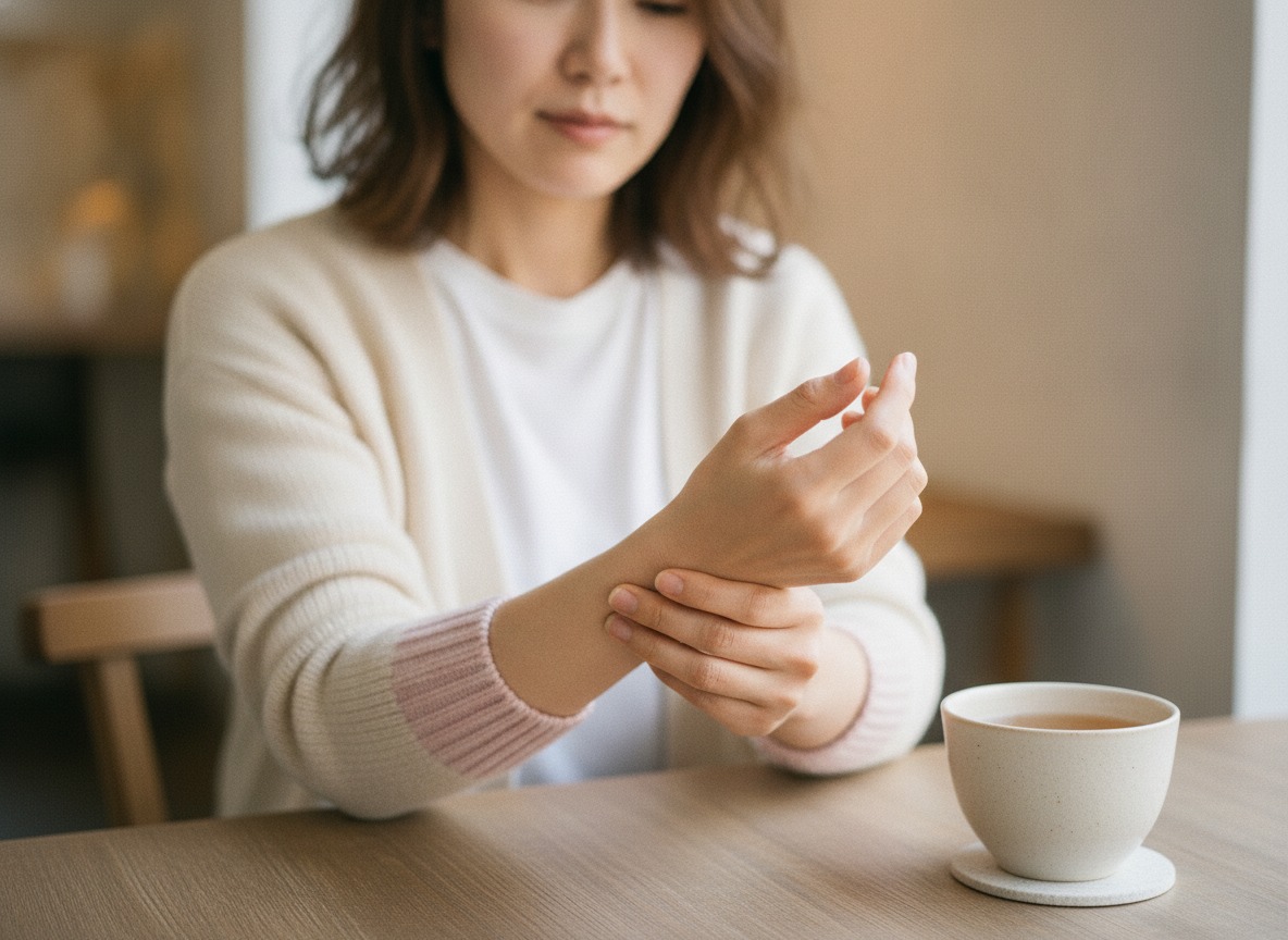 手首の内側を反対の親指で押している女性の写真