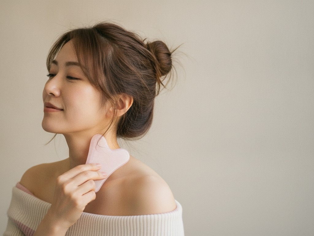 首の横から肩に向かって、カッサのプレートをやさしく滑らせている女性の写真