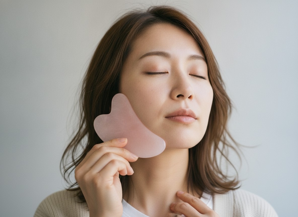 頬からフェイスラインにかけて、カッサのプレートをやさしくあてている女性の写真