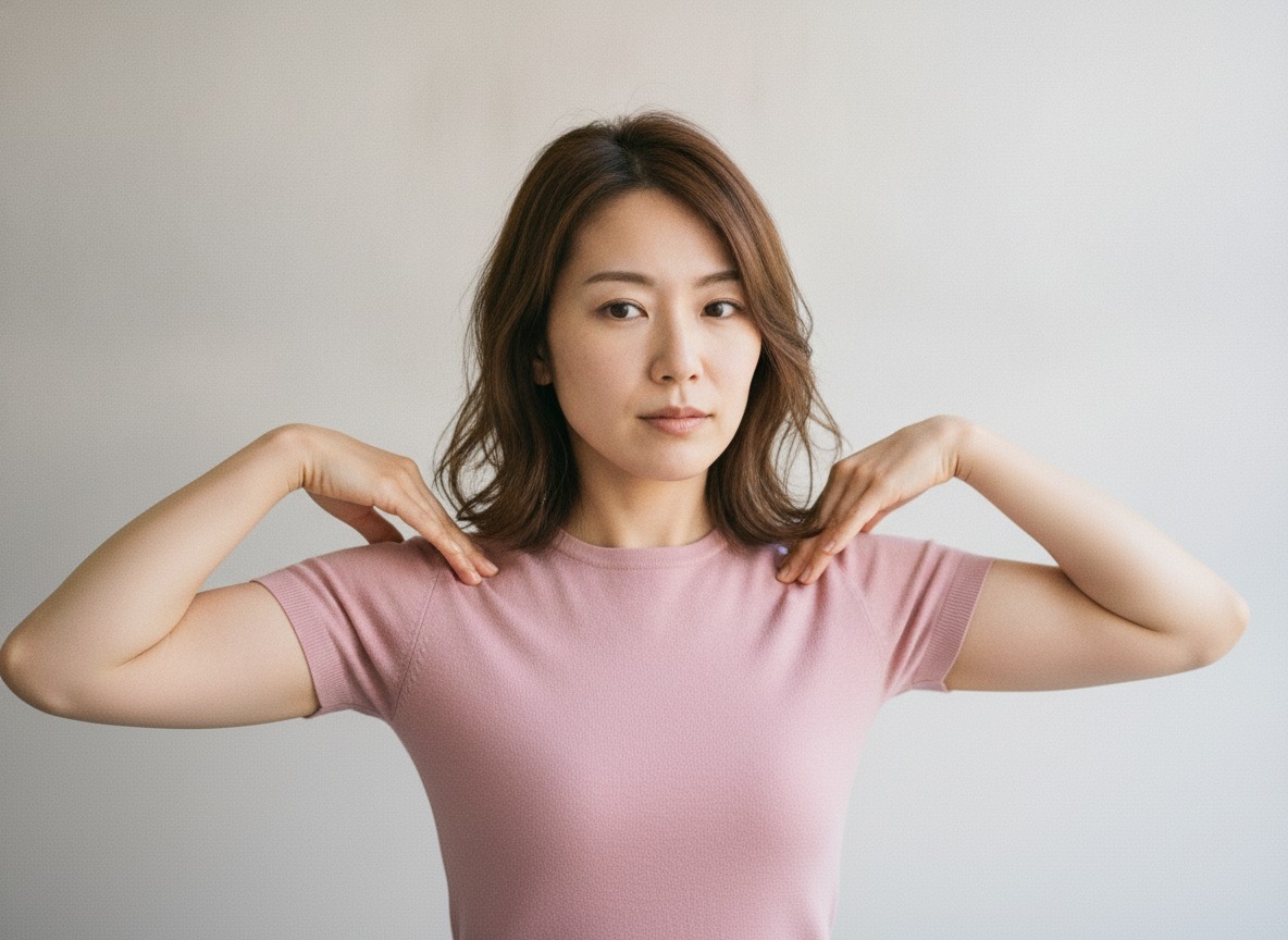 ひじを曲げて指先を肩にのせ、ひじで大きく円を描くように肩を回している女性の写真