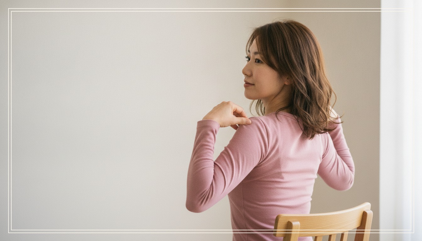 椅子に座り、肩に手をのせてひじを後ろに引き、肩甲骨を寄せるストレッチをしている女性の写真