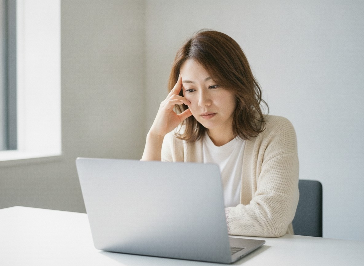 デスクワークの合間に、こめかみに手をあてて頭の重さを気にしている女性の写真