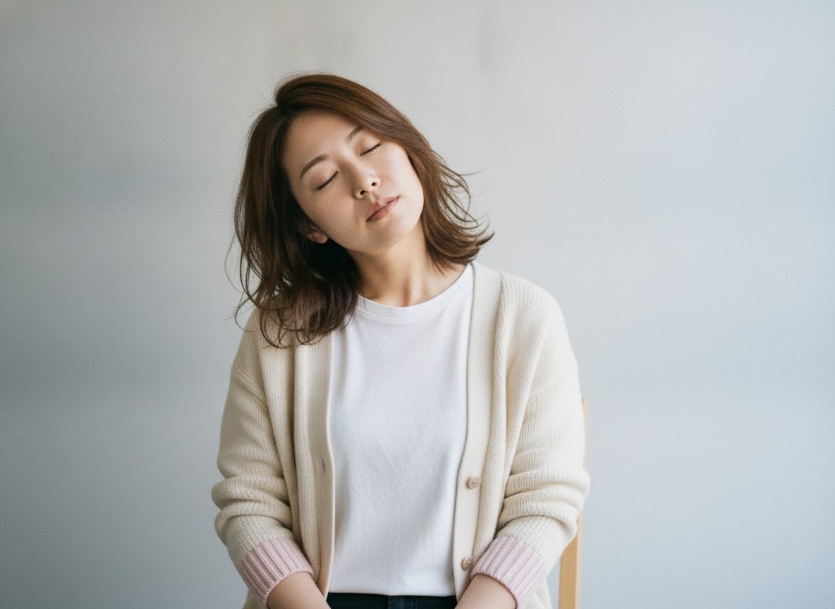 椅子に座り、頭をゆっくり横に倒して、首の横を伸ばしている女性の写真