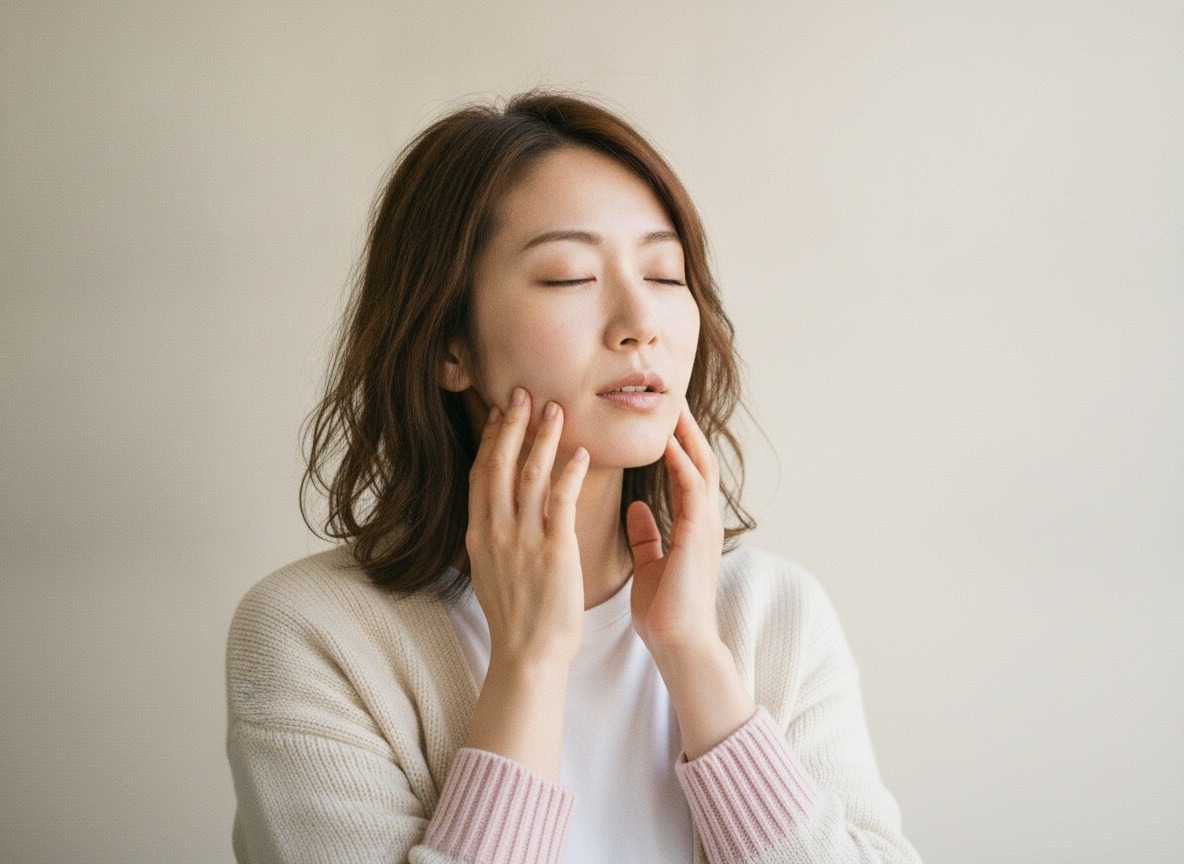 目を閉じて、両手の指の腹をエラのあたりにあて、あごまわりをやさしくほぐしている女性の写真