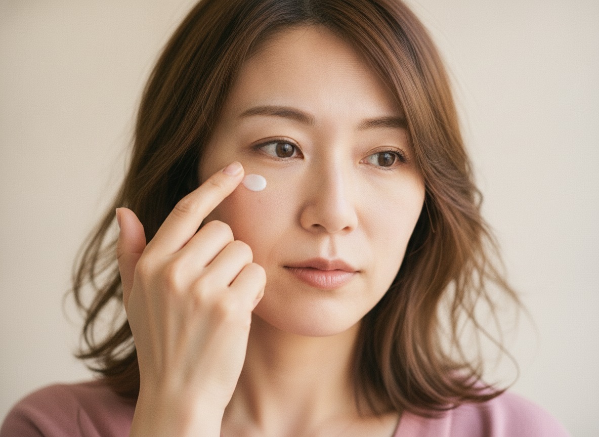 指の腹で、目の下にやさしくアイクリームをなじませている女性の写真