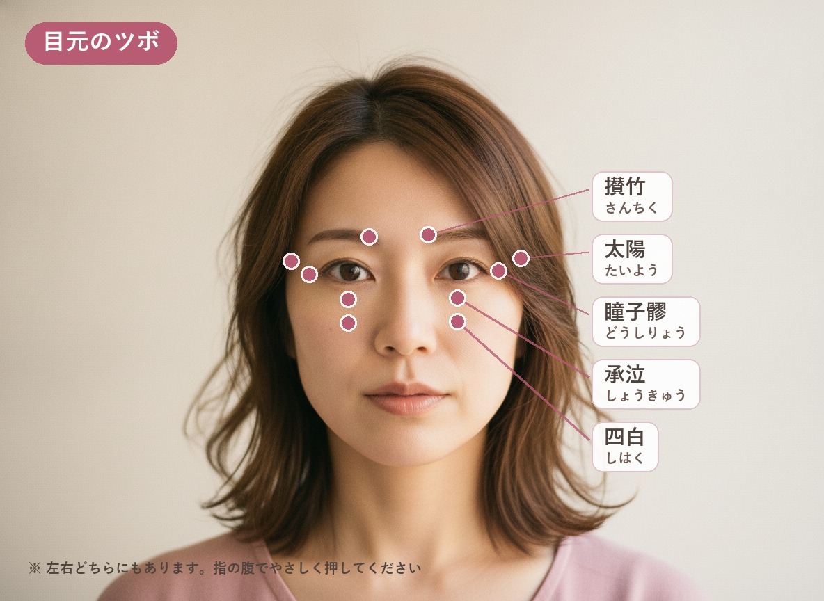 顔の写真に、攅竹・太陽・瞳子髎・承泣・四白の5つのツボの位置を示した図
