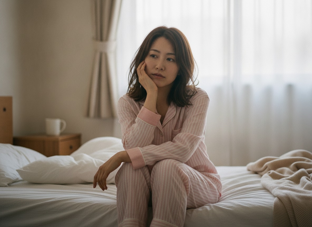 朝、顔のむくみを気にしている女性の写真