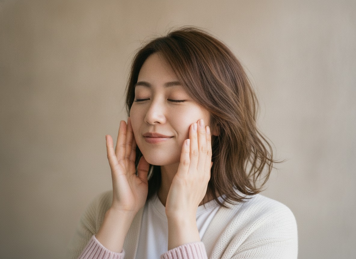 指の腹で頬をやさしくなでている女性の写真