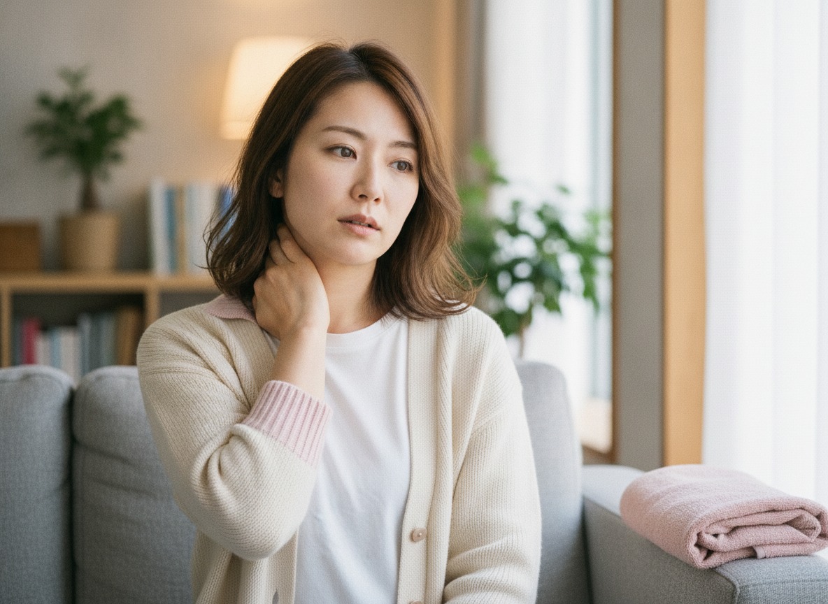 首の横に手を添えて痛みをこらえている女性の写真