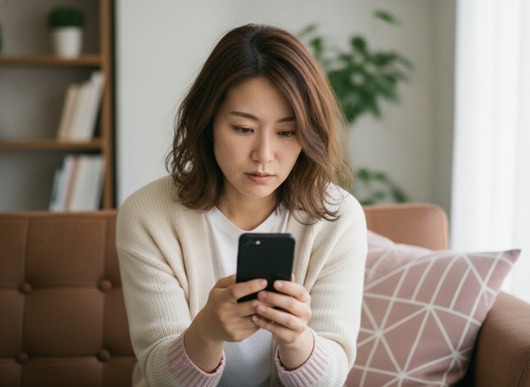 スマートフォンを見て下を向いている女性の写真