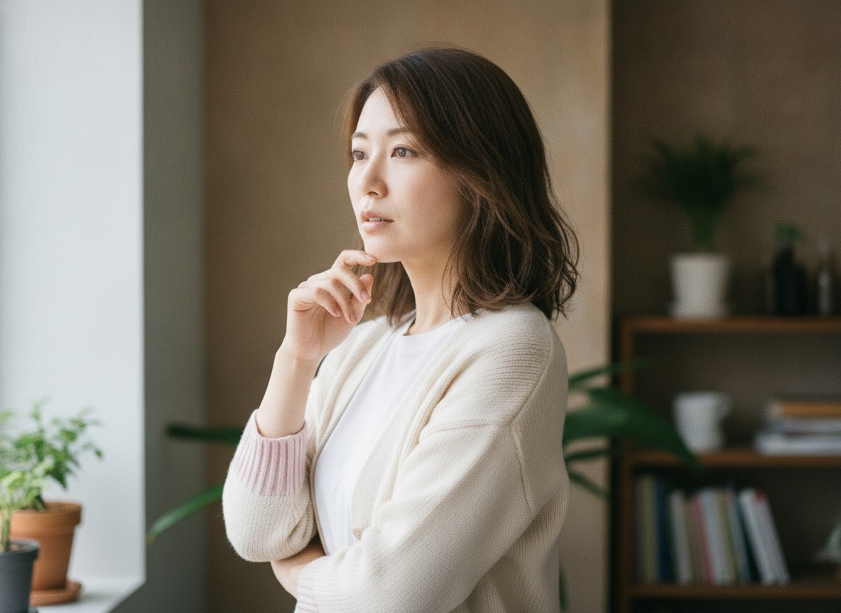 あごを引いて姿勢を整えている女性の写真