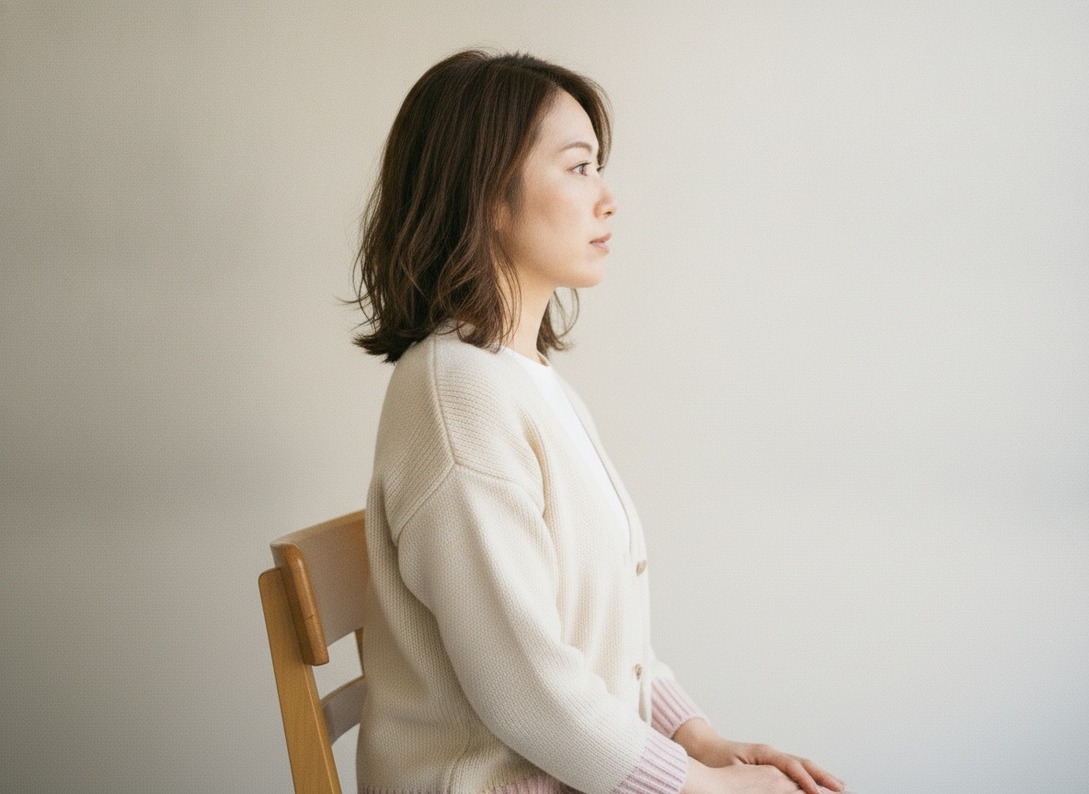 椅子に浅く座り、背すじを伸ばして、あごを軽く引いている女性の横からの写真