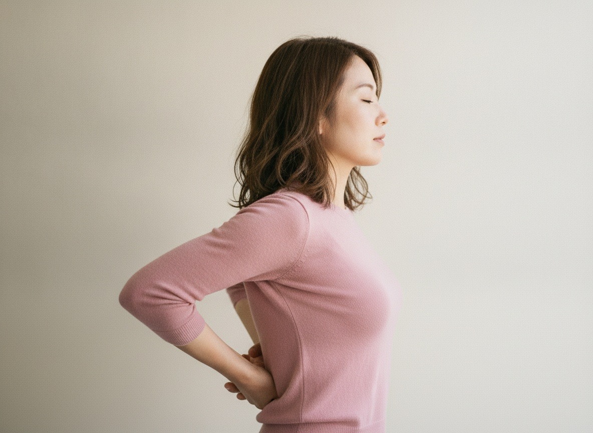 両手を背中のうしろで組み、肩を後ろに引いて胸をひらいている女性の横からの写真